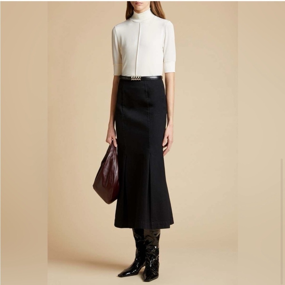 KHAITE Levine Denim Pleated Midi Skirt in Black Wilcox Size 27